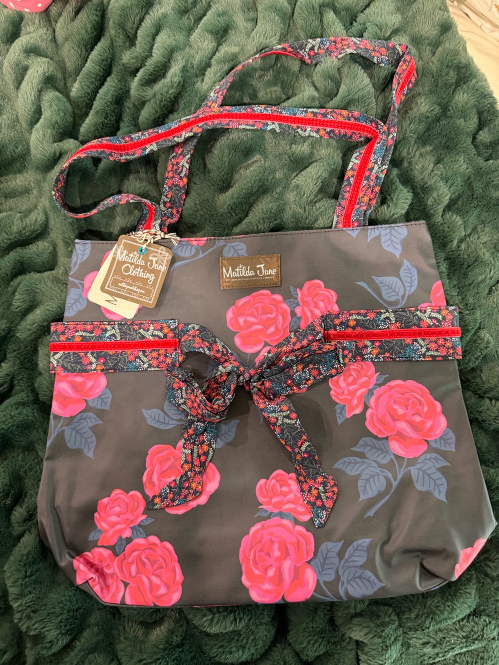 Matilda Jane Black Tote with Bright Pink Rose Print NWT